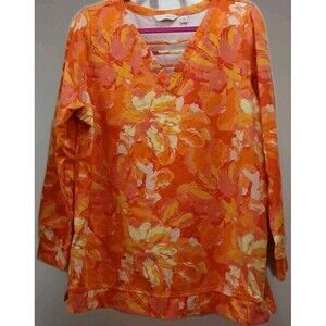 Sport Savvy Large Orange Floral Zip Side V-Neck Top Women’s Cotton Stretch Chic